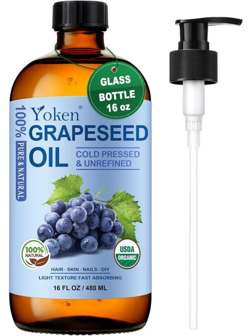 Organic Grapeseed Oil 16 oz - Cold Pressed Carrier Oil for Face, Hair & Body